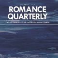 Romance Quarterly cover with blue abstract brushstroke design and white sans-serif text.
