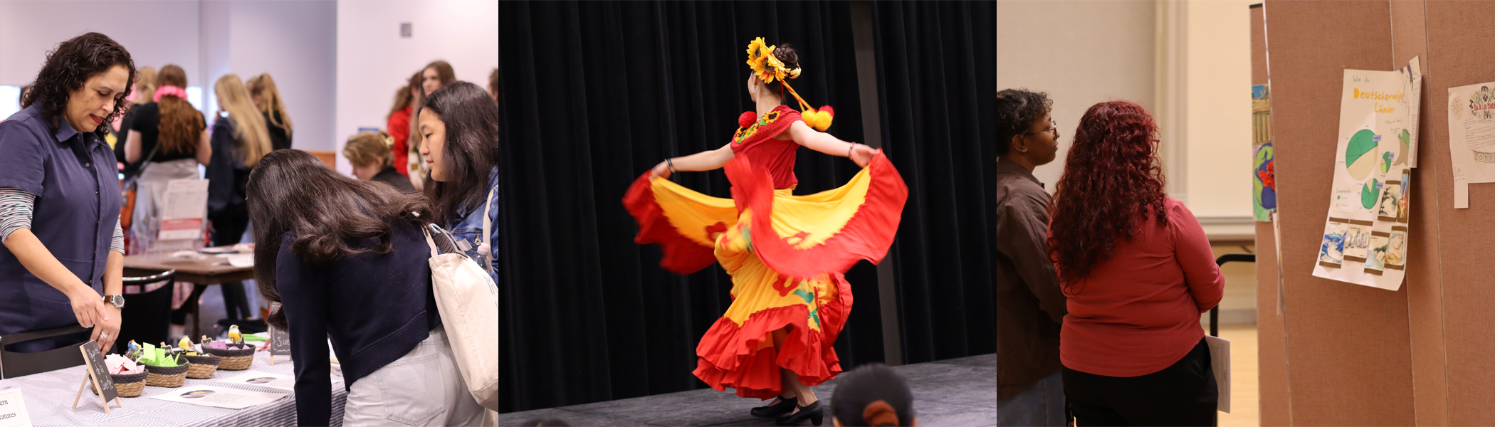 Crowd interacts at tables, dancer in vibrant dress performs, and people observe posters on a board.